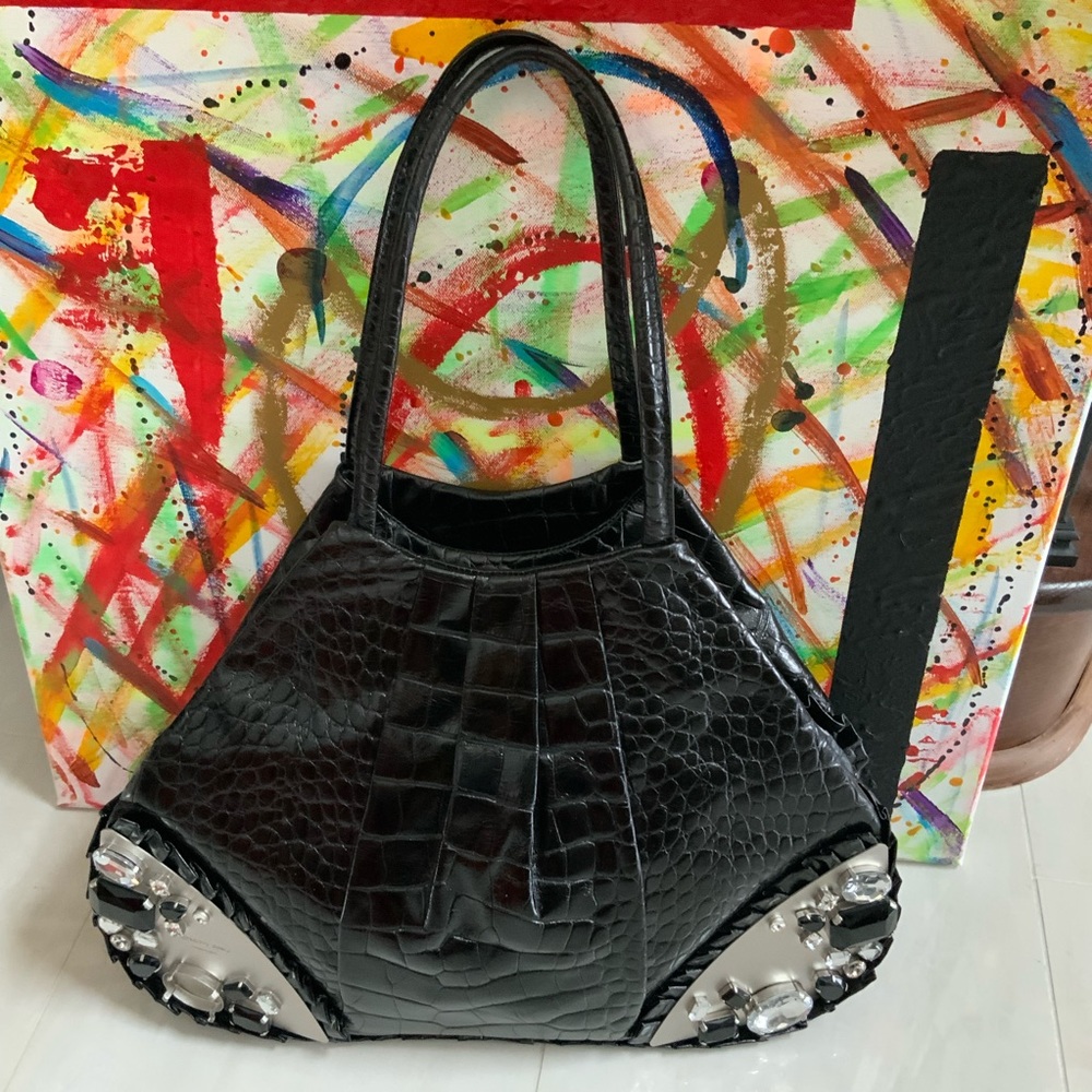 Renato Angi Black Leather Bag with Stones - Picture 9 of 15